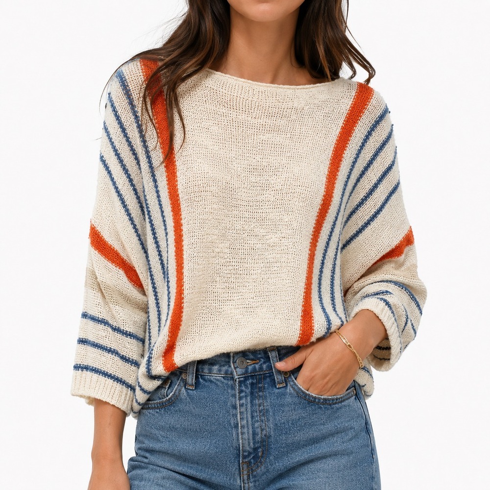 Pullover Sweater Women's‎ Large Striped Boat-Neck 3/4-Sleeves Boho Knit
